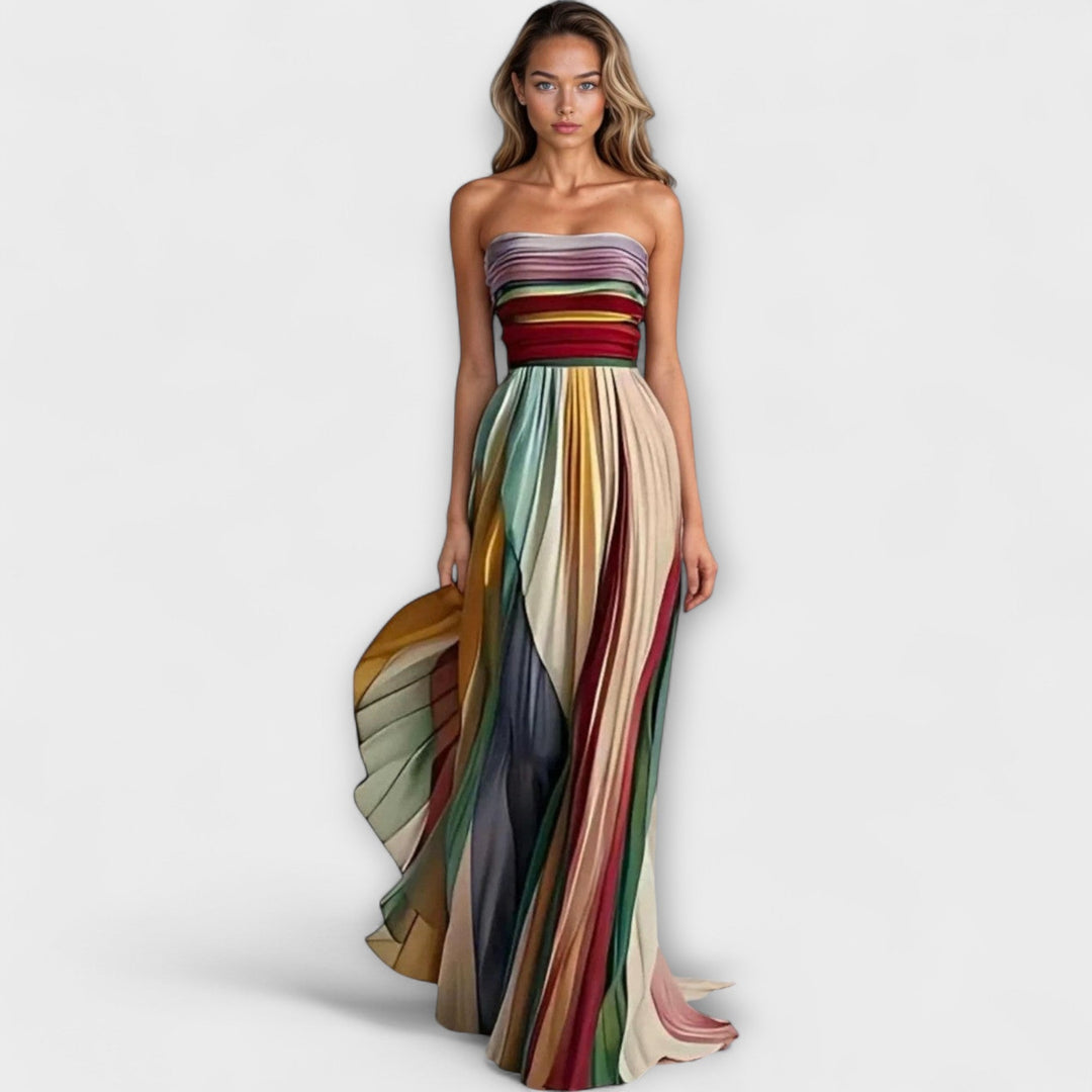 Elegant women's pleated rainbow strapless mini party dress, perfect for summer events with vibrant colors.