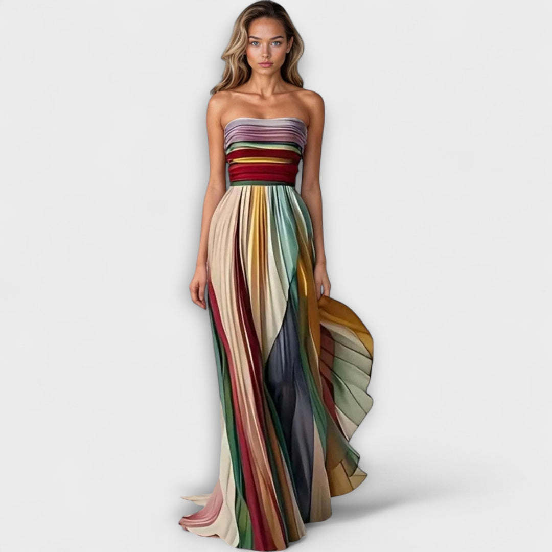 Vibrant rainbow pleated strapless mini dress for women, a chic and elegant party dress for fashion.
