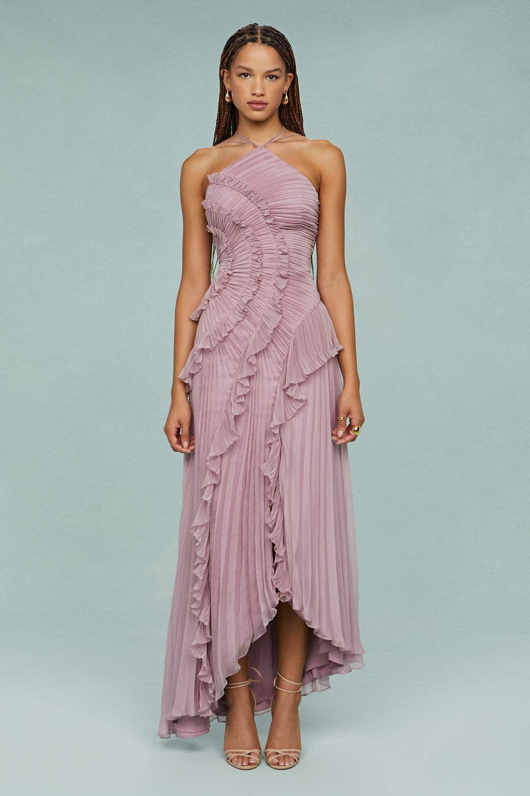 Women's halter neck midi dress featuring a stylish pleated design and ruffle details.
