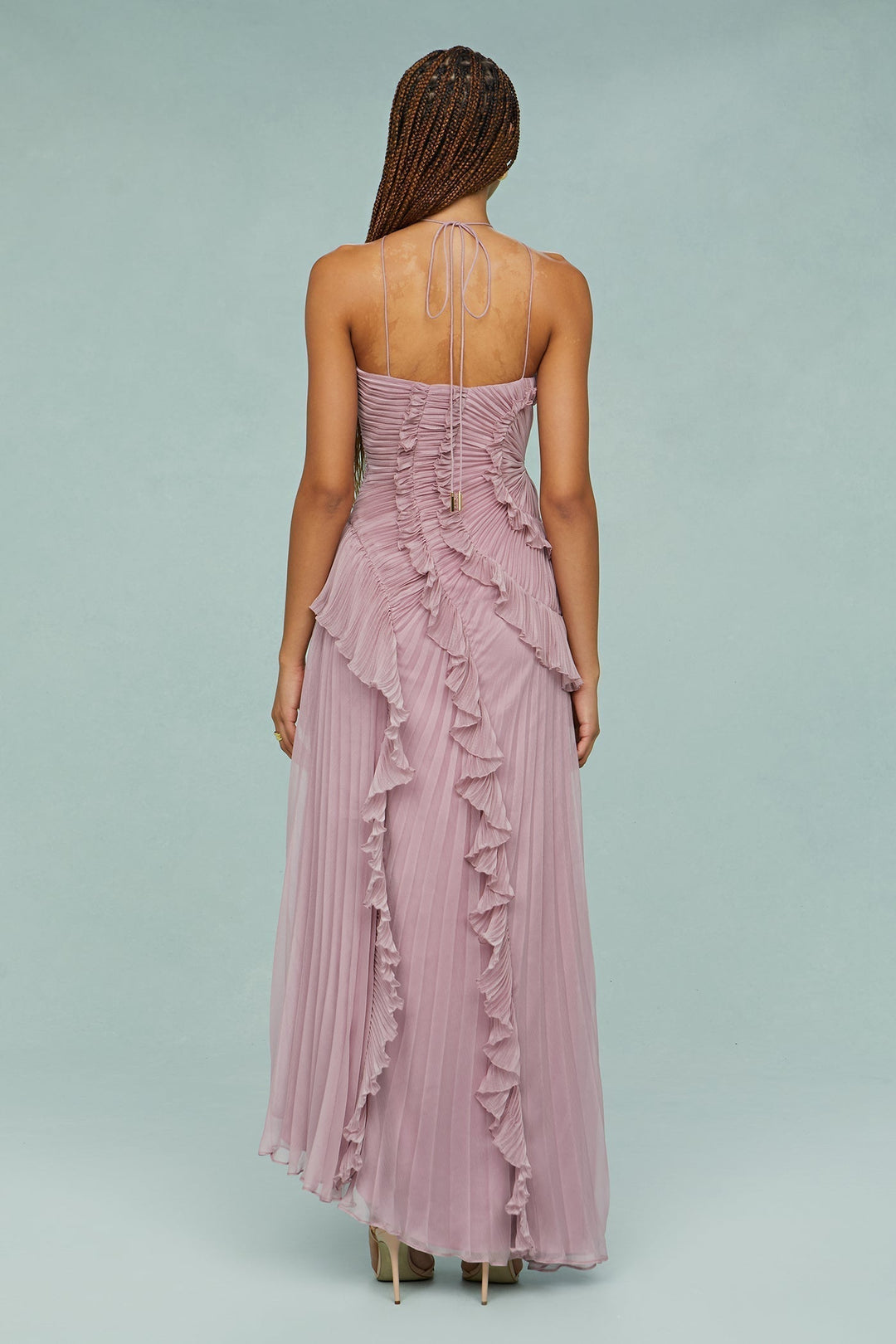 Sophisticated women's pleated ruffle midi dress in a vibrant color, ideal for special occasions.