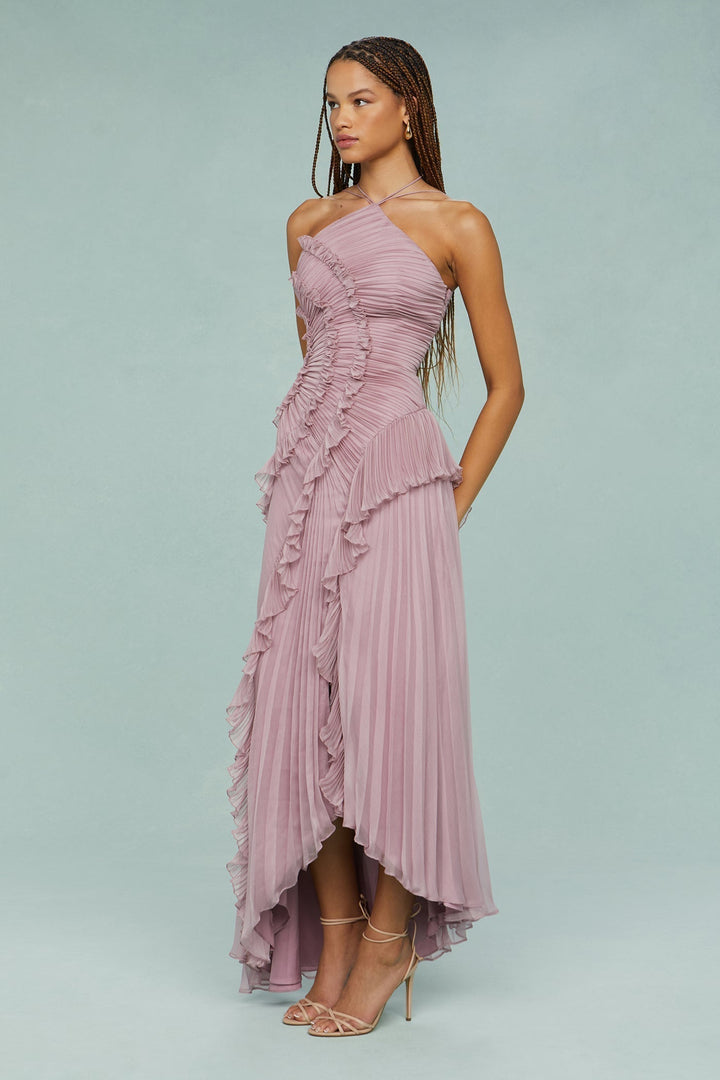 Full shot of a women's pleated ruffle halter midi dress, showcasing its flowy silhouette.