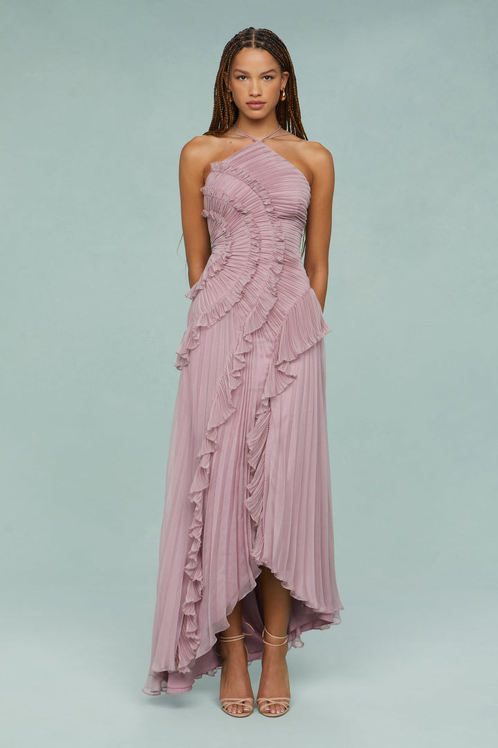 Back view of a women's elegant pleated ruffle halter midi dress, highlighting the neck tie.