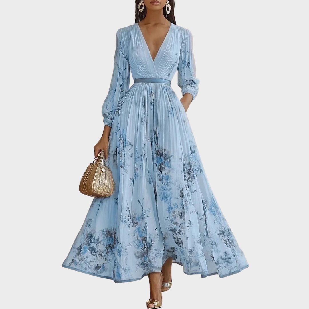 Elegant women's pleated V-neck maxi dress with delicate floral print and long sleeves, perfect for summer occasions