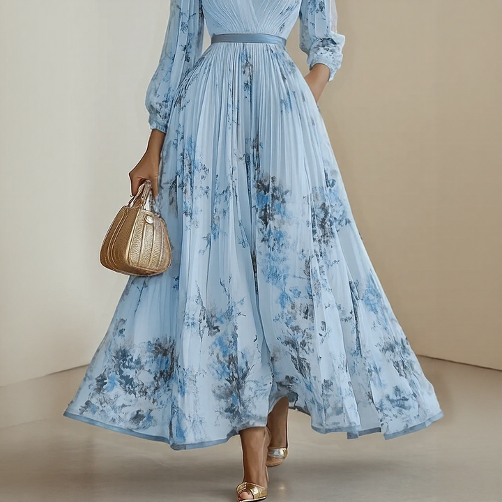 Pleated floral print V-neck maxi dress for women, a sophisticated long sleeve summer dress with tie waist