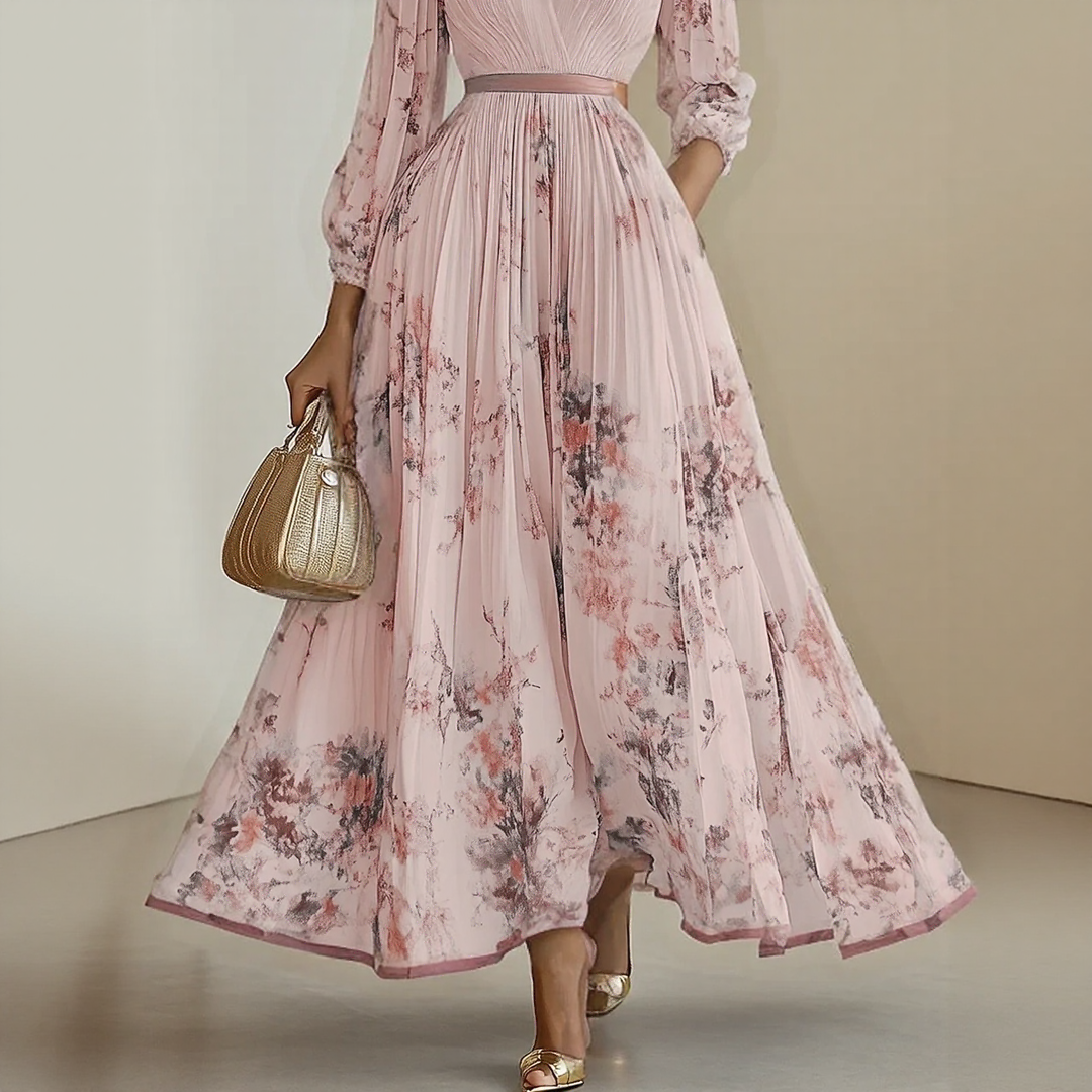 Elegant women's V-neck maxi dress with a beautiful floral print, pleated design, and long comfortable sleeves