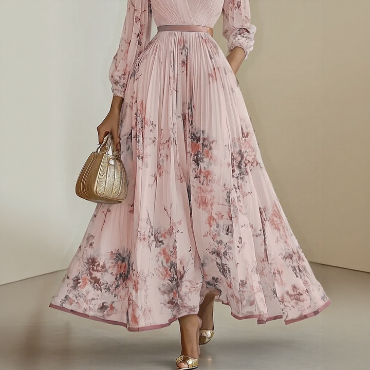 Elegant women's V-neck maxi dress with a beautiful floral print, pleated design, and long comfortable sleeves