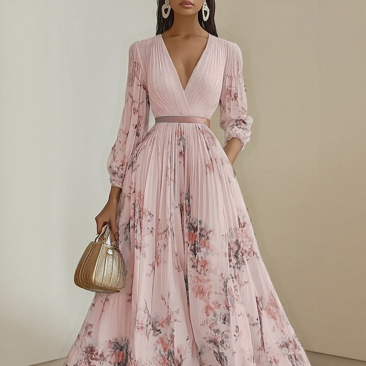 Floral print pleated maxi dress with V-neck, long sleeves, and tie waist, a perfect women's summer occasion dress