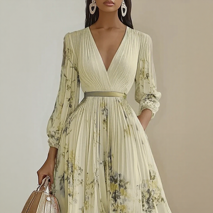 Women's elegant long sleeve pleated maxi dress, featuring a V-neck and eye-catching floral print design