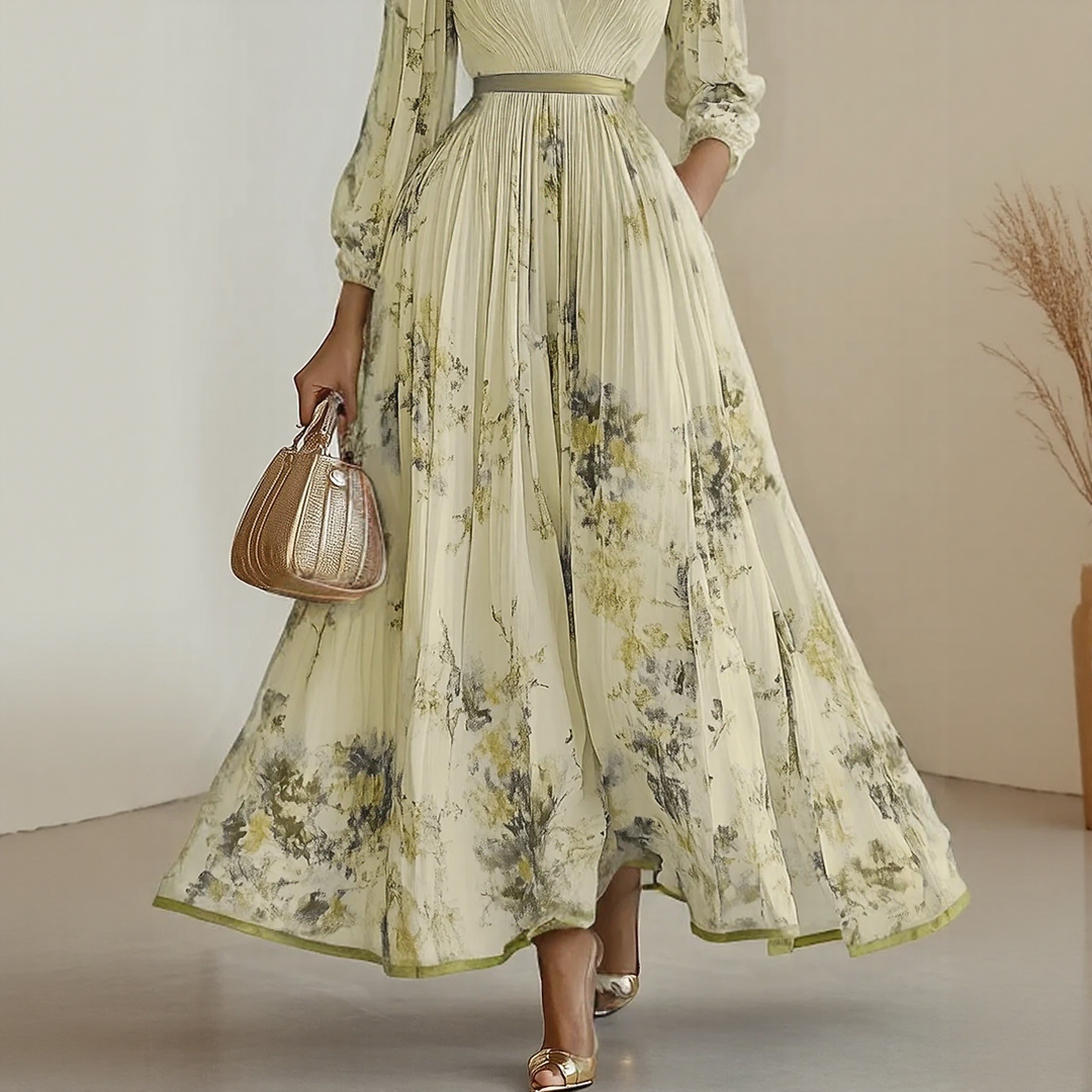 Summer occasion women's dress: V-neck floral print maxi with pleated skirt and stylish tie waist