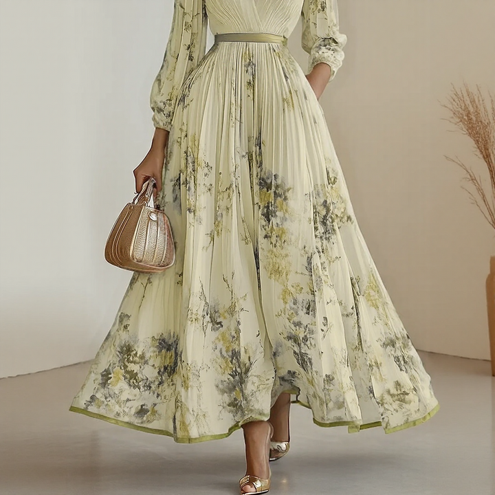 Summer occasion women's dress: V-neck floral print maxi with pleated skirt and stylish tie waist