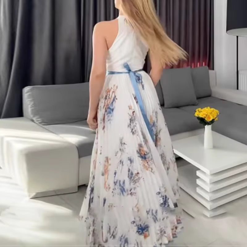 Pleated V-neck floral maxi dress for women, an elegant long sleeve summer dress with a flattering silhouette