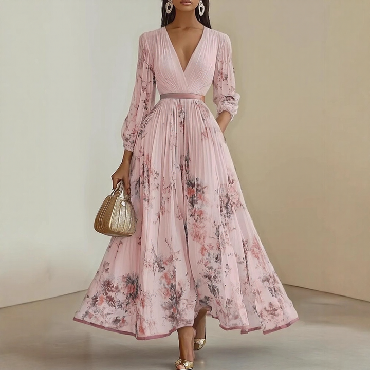 Floral print V-neck maxi dress for women, featuring a pleated skirt and stylish tie waist, ideal for events