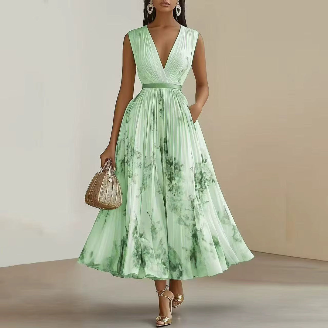 Pleated floral maxi dress with V-neck and tie waist, a chic and comfortable summer dress for women