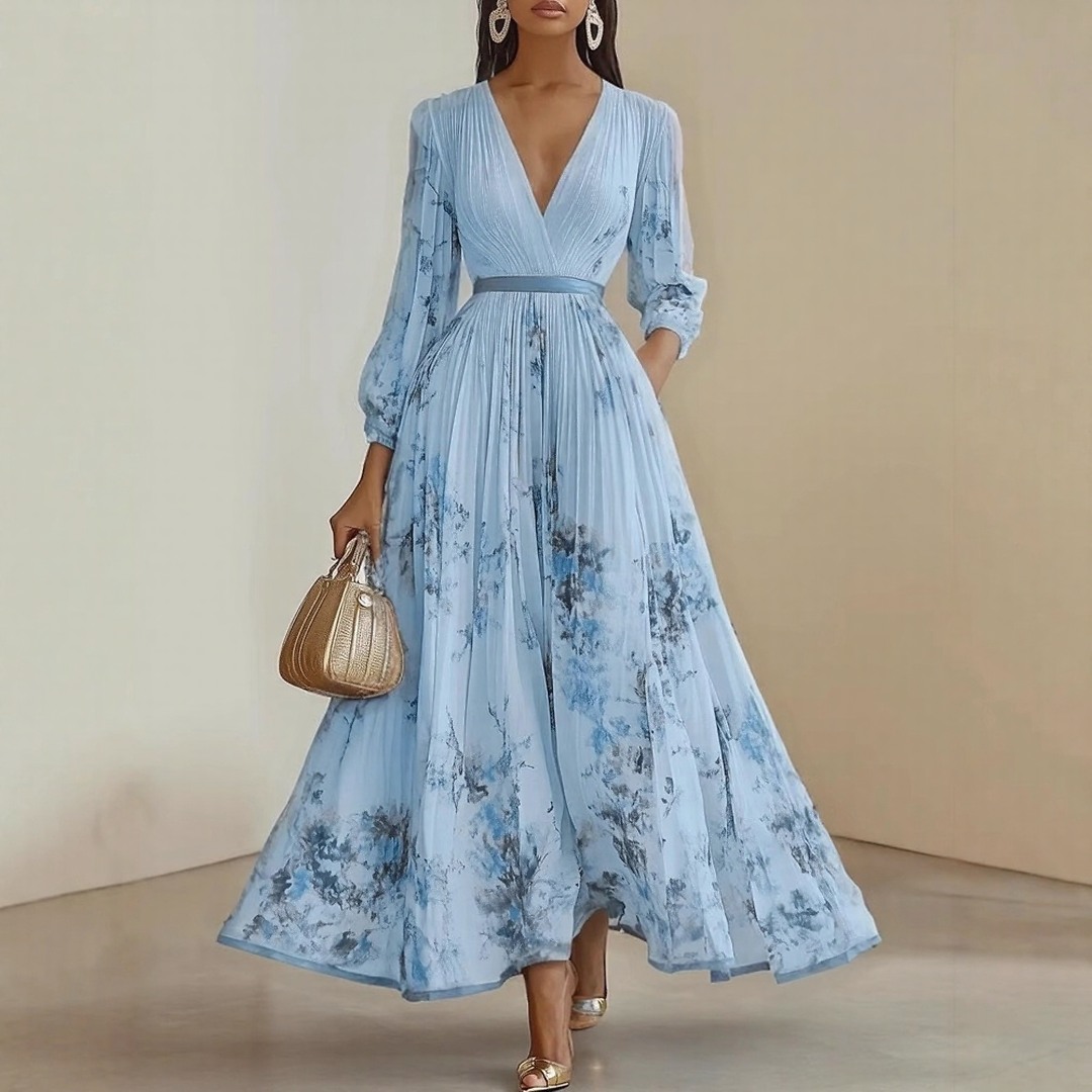 V-neck floral print maxi dress for women, showcasing a beautiful pleated skirt and long elegant sleeves