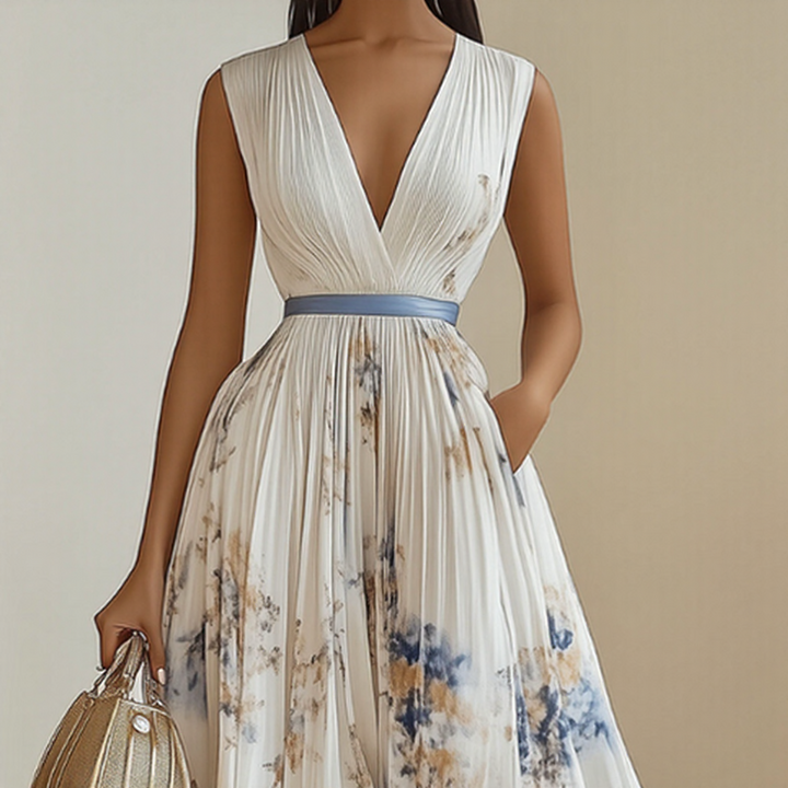 Elegant pleated maxi dress for women, featuring a V-neck, floral pattern, and long sleeves in a summer style