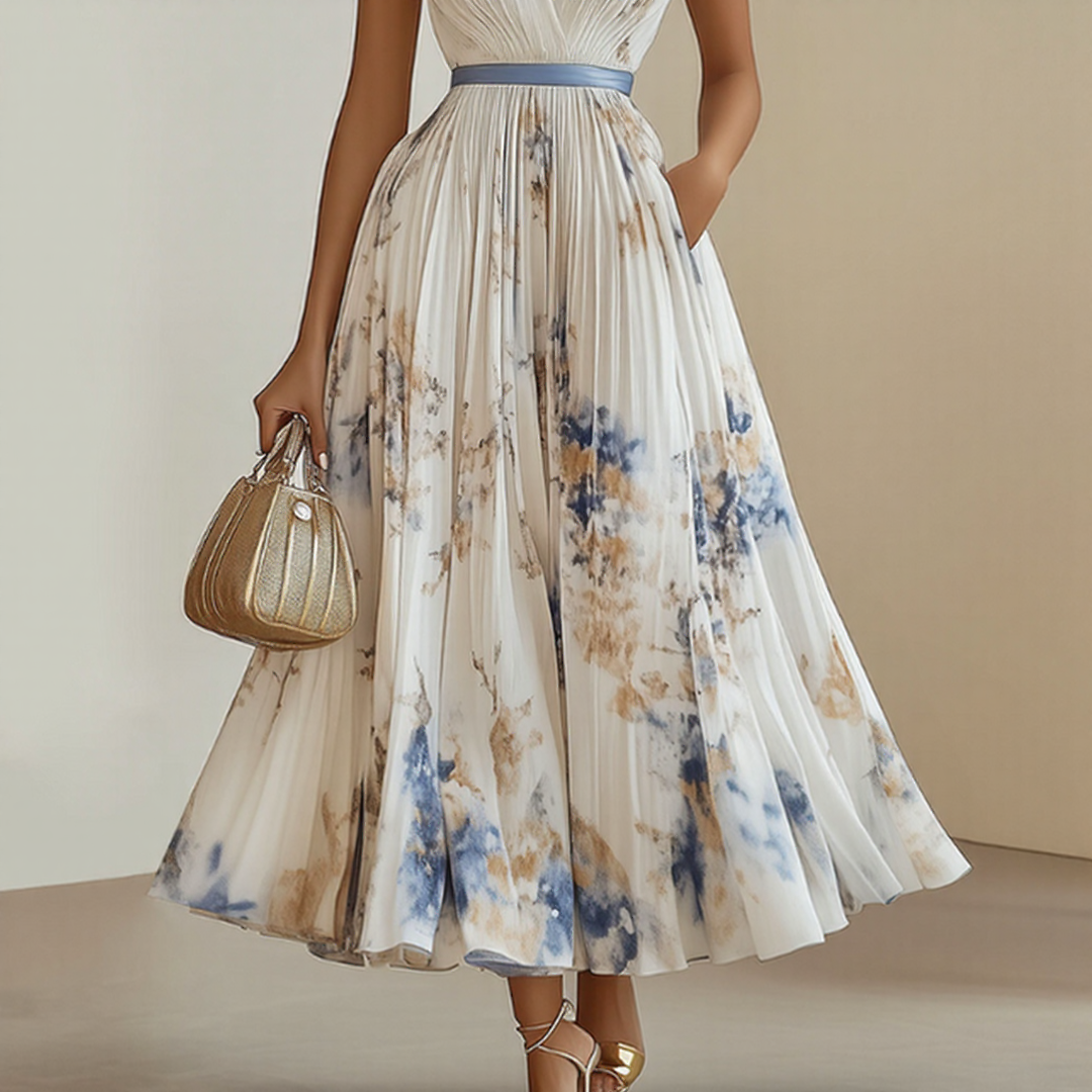 Women's floral V-neck pleated maxi dress with tie waist detail, an elegant choice for any special occasion