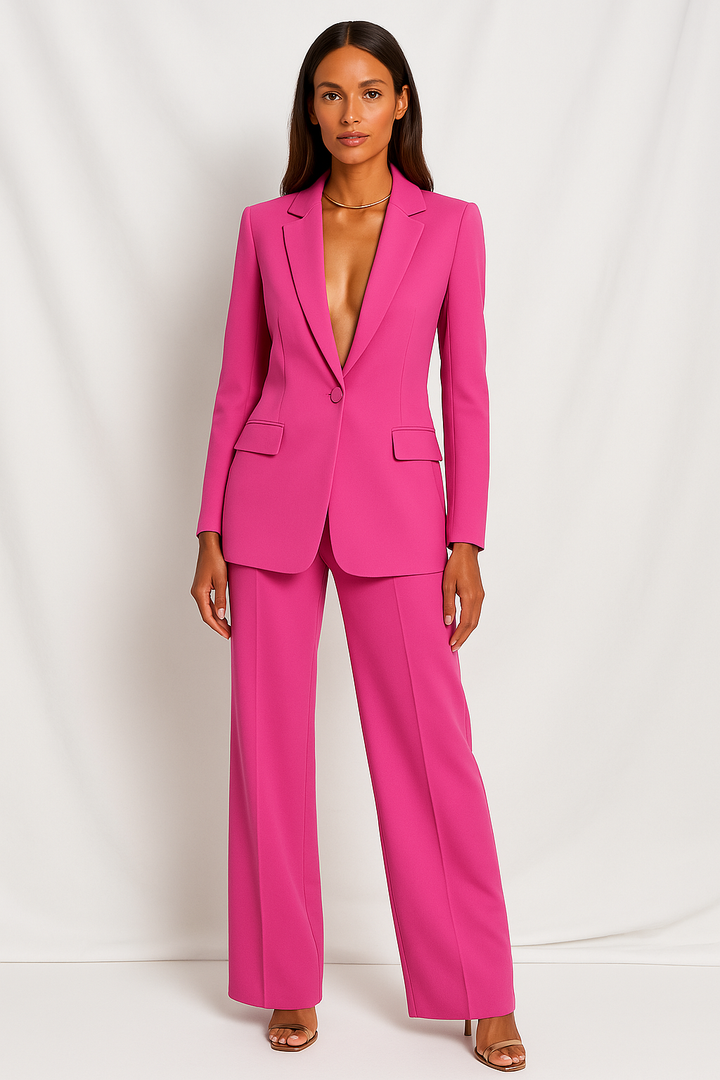 Chic women's elegant trouser suit set with a plunging V-neck and single button, perfect for fashionable occasions.