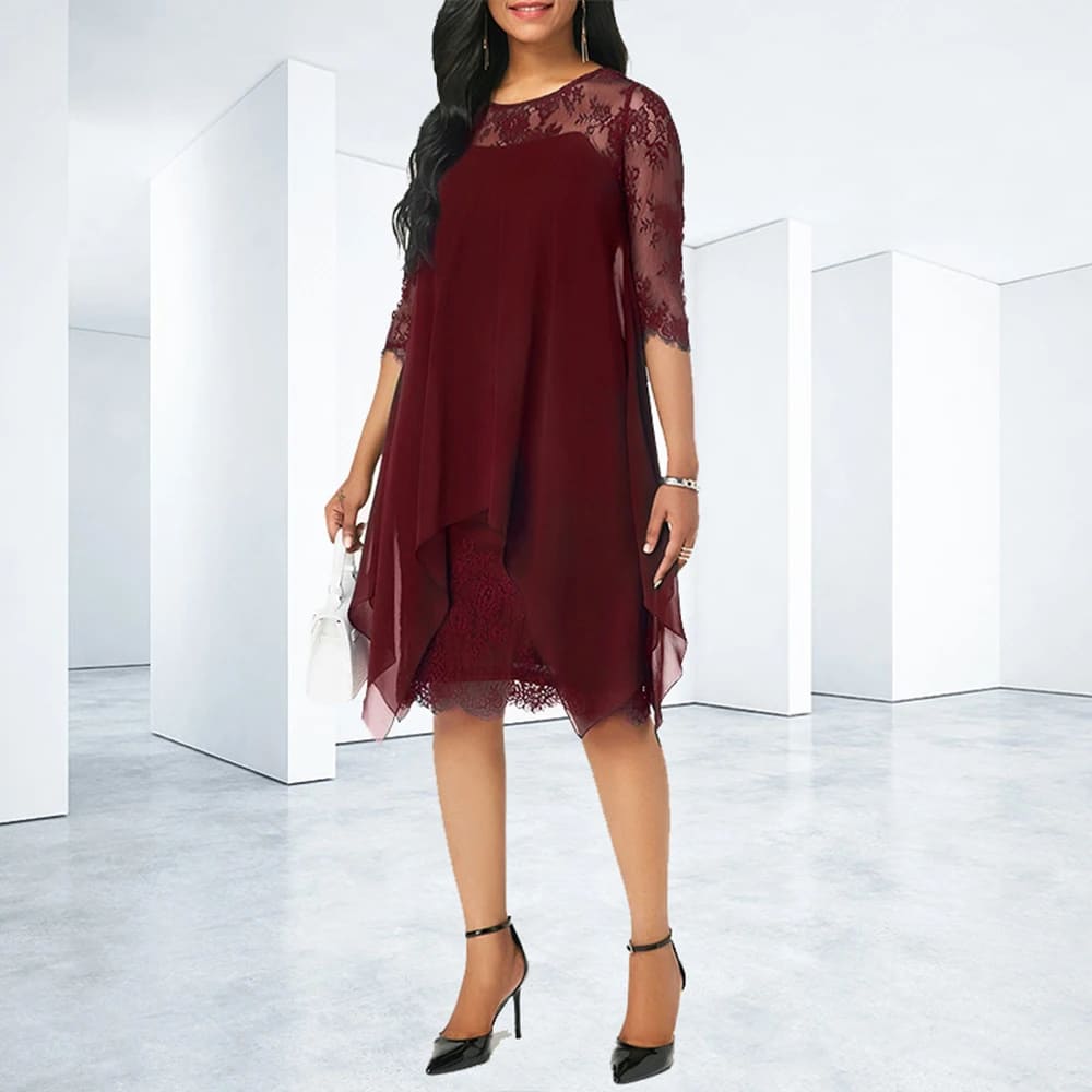 Comfortable Bordeaux Plus Size Midi Dress for women, an elegant long-sleeve option for effortless style.