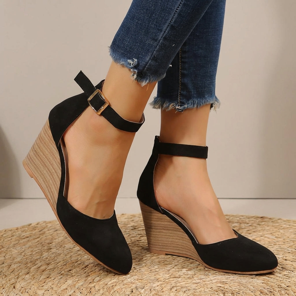 Elegant women's pointed toe wedge heels with secure ankle strap, perfect for parties & dress occasions.