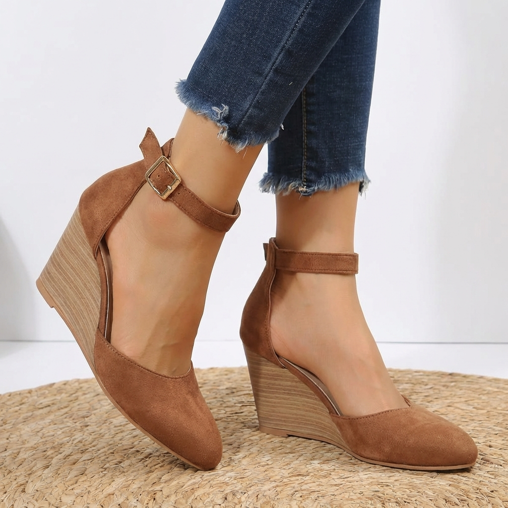Comfortable pointed toe wedge heels for women, featuring a stylish ankle strap. Ideal for summer and casual chic.