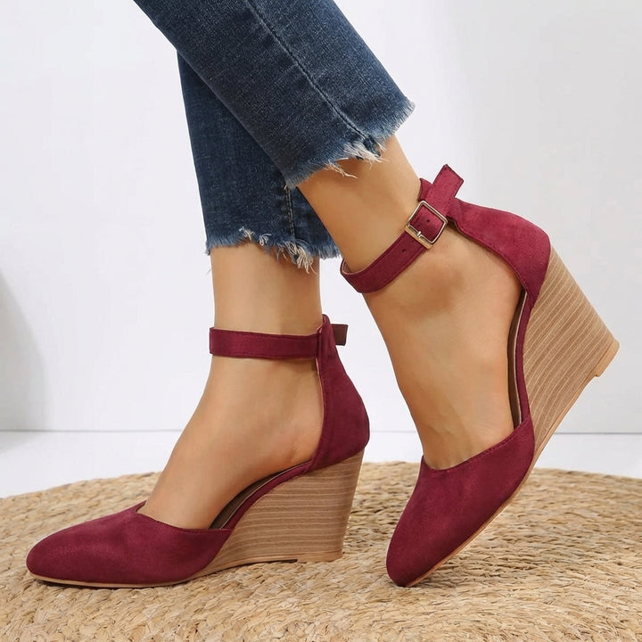 Women's fashion pointed toe wedge heels with elegant ankle strap, great as party shoes or dress footwear.