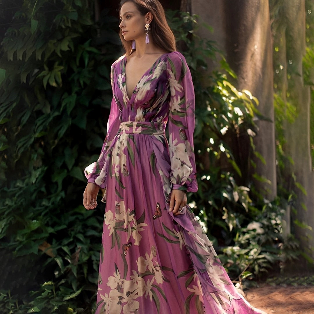 Elegant women's purple floral V-neck maxi dress, comfortable and casual for summer.