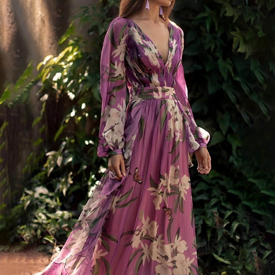 Comfortable purple floral print V-neck maxi dress for women, ideal for casual summer wear.