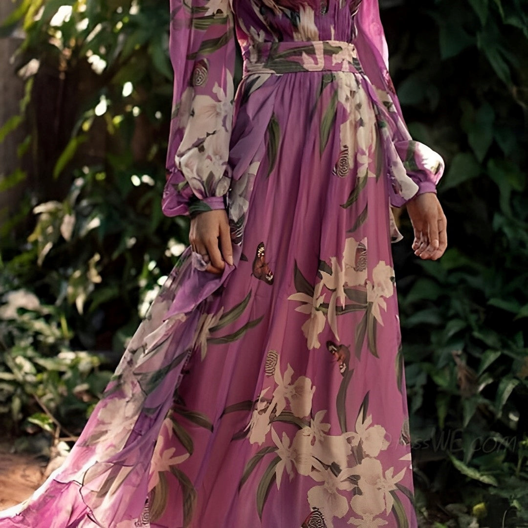 V-neck floral maxi dress in elegant purple, a comfortable and casual option for women.