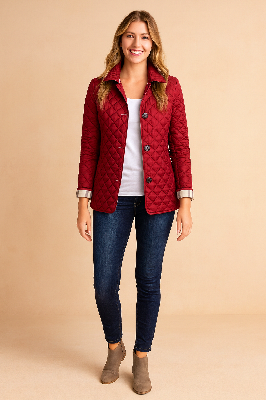 Elegant women's quilted winter jacket for cold weather, featuring a chic design and versatile outerwear style.