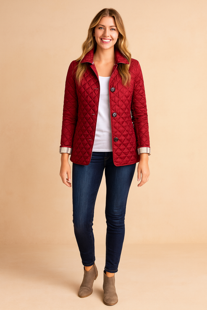 Elegant women's quilted winter jacket for cold weather, featuring a chic design and versatile outerwear style.