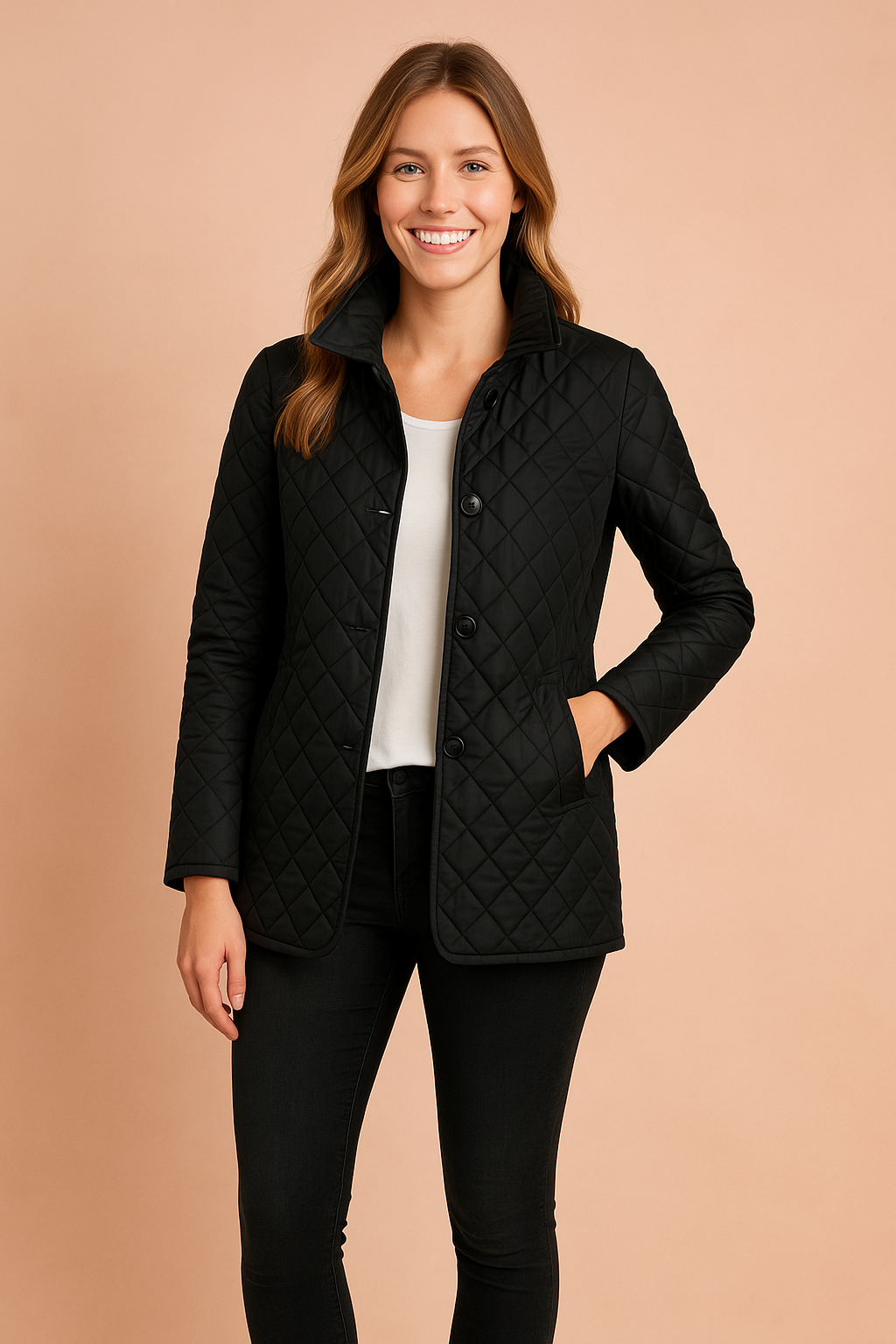 Sophisticated women's winter jacket, elegant and warm, ideal for stylish cold weather outerwear.