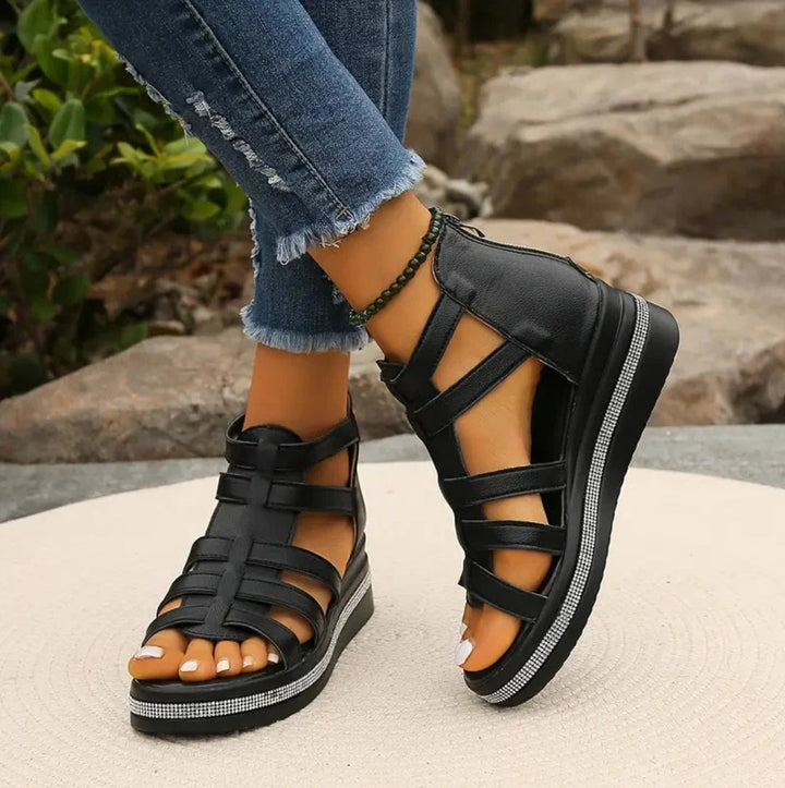 Elegant women's rhinestone wedge sandals, front view, sparkling on a summer day