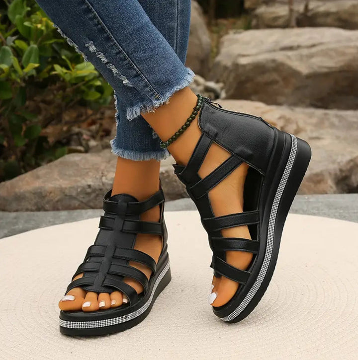 Comfortable women's wedge sandals with secure ankle strap, embellished with elegant rhinestones
