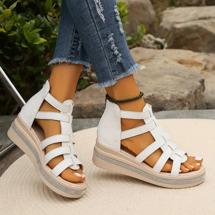 Fashionable rhinestone wedge sandals for women, showcasing the comfortable heel design