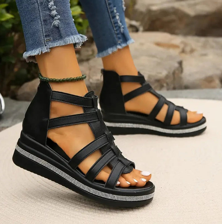 Elegant women's wedge sandals with multi-strap rhinestone design, ideal for special occasions