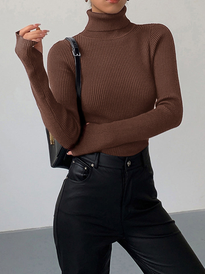 Comfortable soft knit women's ribbed turtleneck sweater, a timeless addition to spring wear.