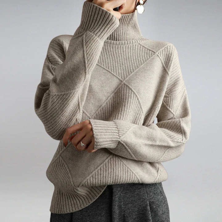 Warm women's turtleneck pullover, cozy long sleeve knit for winter fashion.