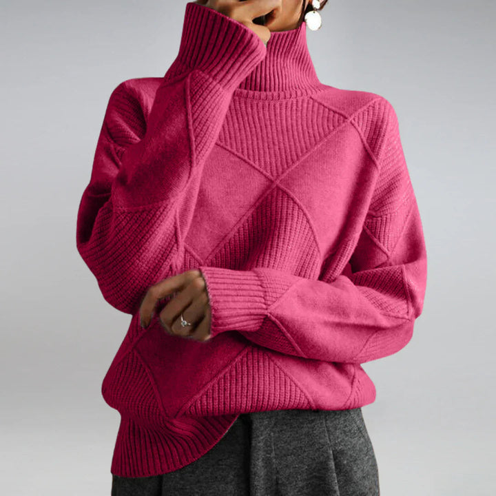 Stylish women's warm winter sweater, elegant roll neck knit, versatile fashion.