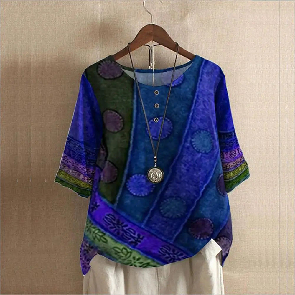 Close-up of a breathable cotton blend women's top with an elegant round neck design