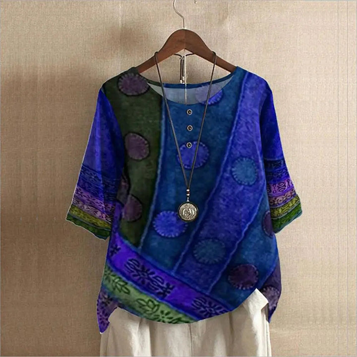 Close-up of a breathable cotton blend women's top with an elegant round neck design