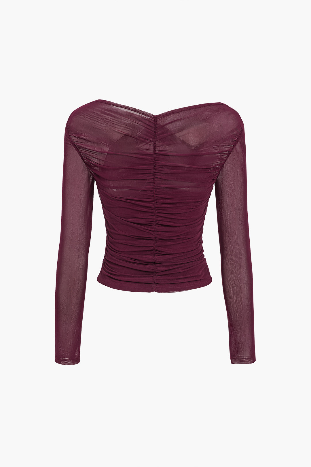 Close-up of a women's ruched mesh long sleeve top, highlighting the textured fabric.