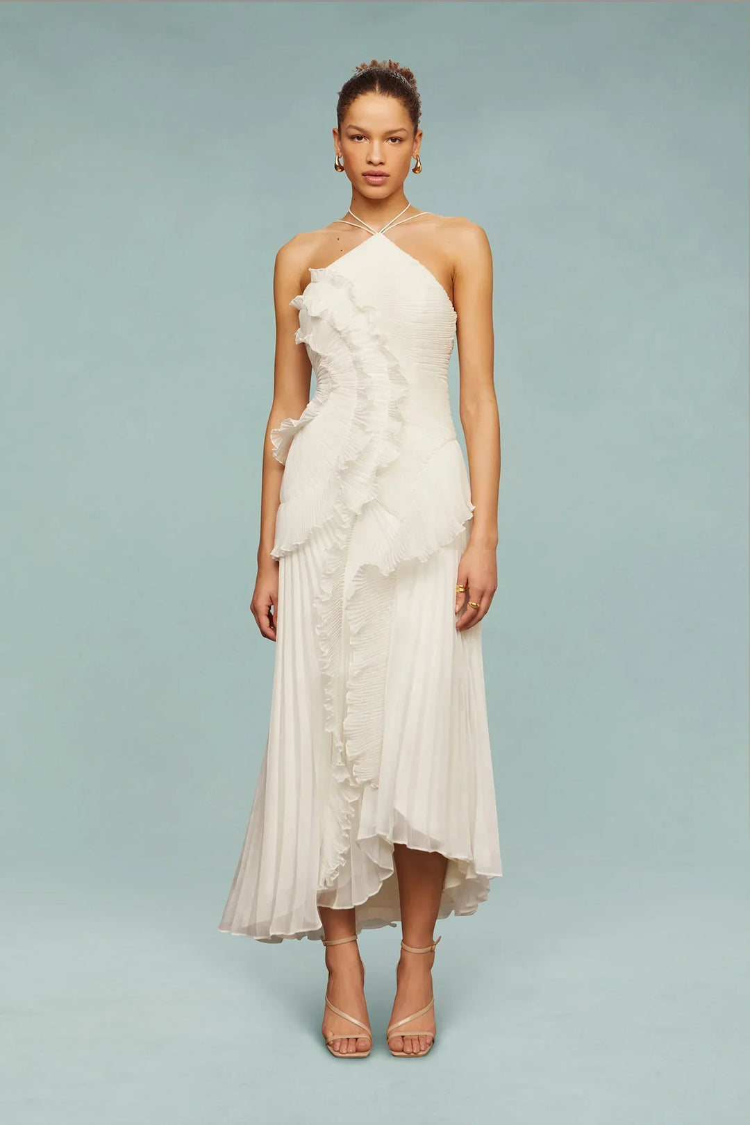 Chic women's elegant ruffle halter maxi dress, a perfect choice for evening or special occasion wear.