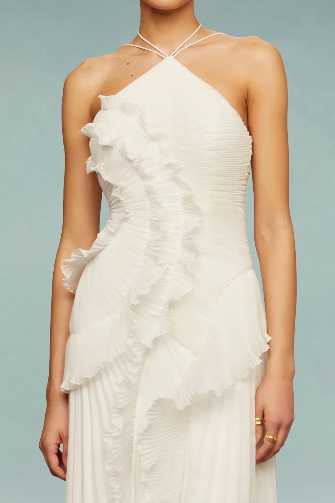 Versatile women's elegant ruffle halter maxi dress, ideal for wedding guests, evening, or summer occasions.