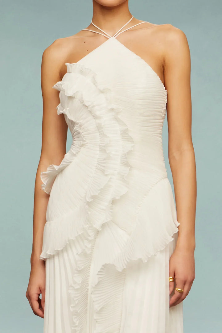 Versatile women's elegant ruffle halter maxi dress, ideal for wedding guests, evening, or summer occasions.