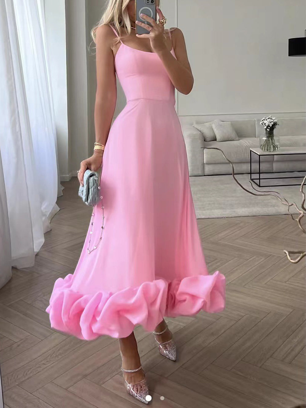 Elegant women's ruffle midi evening dress in black, perfect for formal parties and cocktails