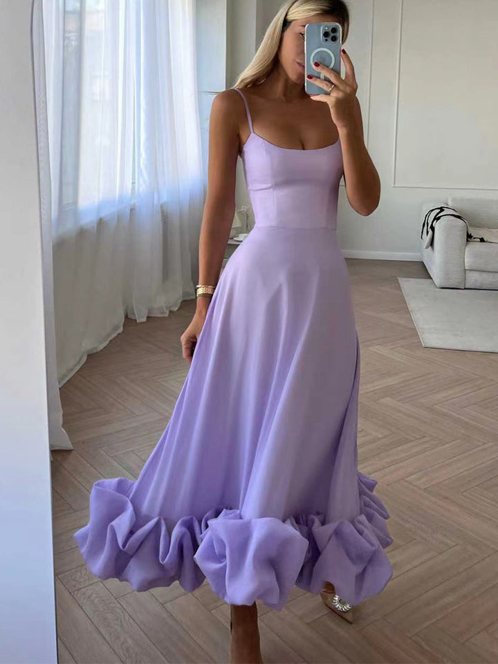 New women's fashion midi dress with elegant ruffles, suitable for evening events and parties