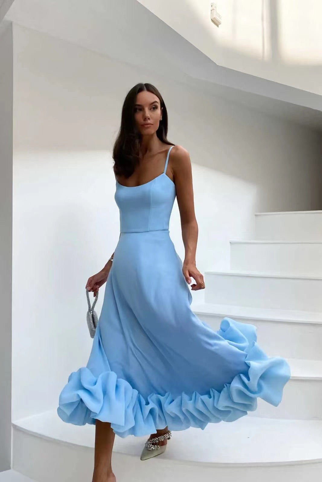 Chic women's ruffle midi dress designed for elegant evening wear and formal gatherings