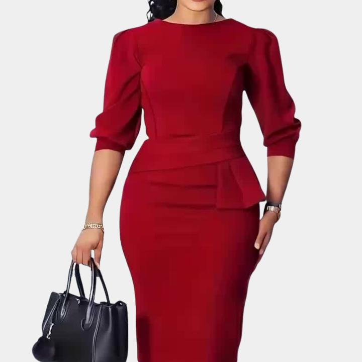 Elegant women's ruffle peplum midi dress for formal occasions, autumn fashion.