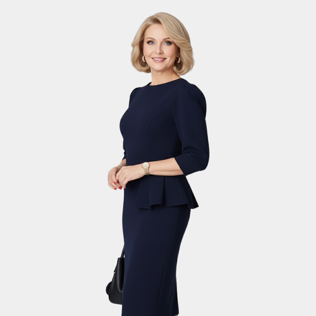 Chic women's ruffle midi dress with peplum detail, a fashionable autumn and winter choice.