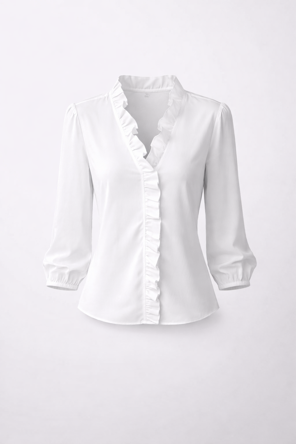 Green elegant women's ruffle blouse, a V-neck long sleeve top suitable for office wear or casual outfits.